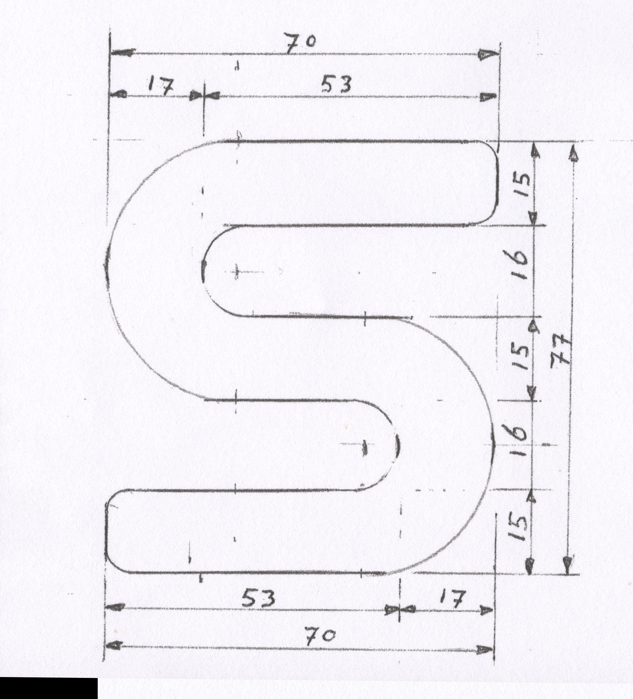 Technische tekening van de letter S met alle afmetingen